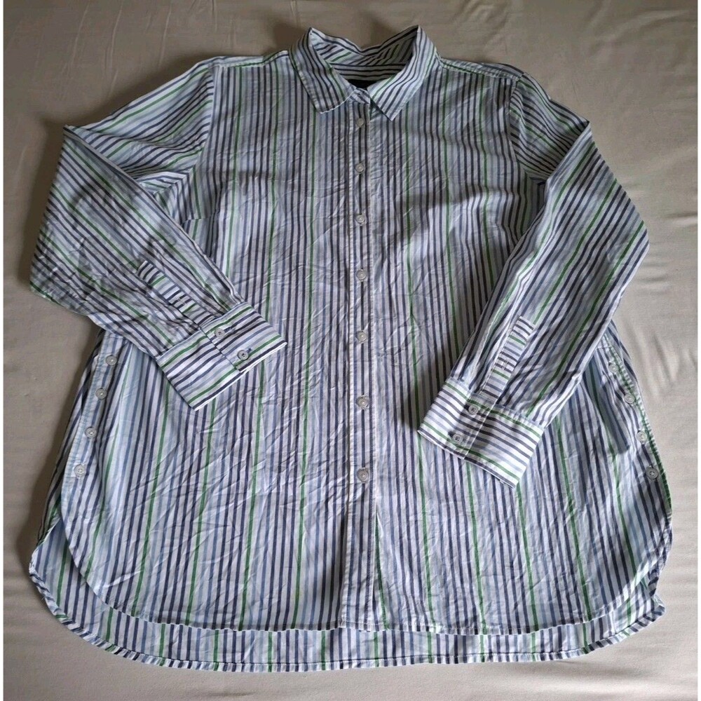 Womens Talbots Button Up Tunic Shirt White Blue Green Stripe Preppy Basics XL